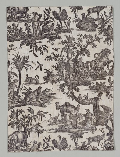 Fragment bawełny z nadrukiem miedziorytowym z wzorem Les quatres party du monde, 1788. autorstwa Christophe Philippe Oberkampf