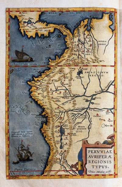 Mapa Peru, z zapisów wyprawy Hernando de Soto w 1570 autorstwa Christophe Plantin