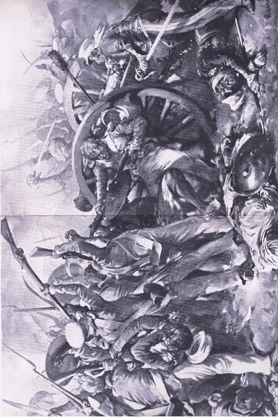Bitwa pod Meanee, 17 lutego 1843: Walka na działa, ilustracja z brytyjskich bitew na lądzie i morzu, 1915 autorstwa Christopher Clark