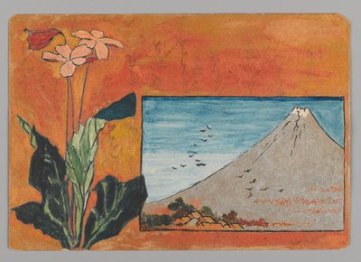 Mała kartka z górą Fuji i kwiatami autorstwa Christopher Grant La Farge
