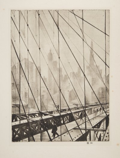 Patrząc przez Most Brookliński, wyd. 1921 (akwaforta) autorstwa Christopher Richard Wynne Nevinson