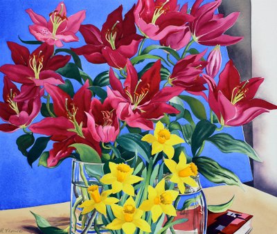 Lilie Magenta i Żonkile (akwarela na papierze) autorstwa Christopher Ryland