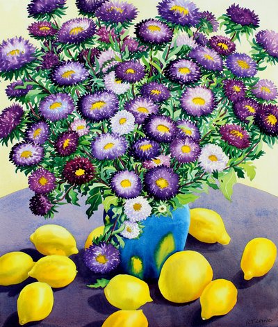 Fioletowe Astry i Cytryny (akwarela na papierze) autorstwa Christopher Ryland
