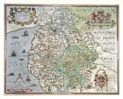 Mapa Westmorland i Cumberland, 1576 autorstwa Christopher Saxton