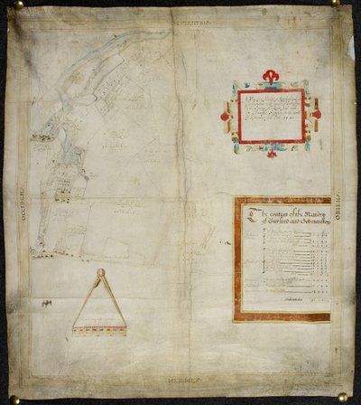 Mapa posiadłości Bayford i Goodmanston w Murston i Sittingbourne, co. Kent: 1590 (tusz i kolorowa farba na welinie) autorstwa Christopher Saxton