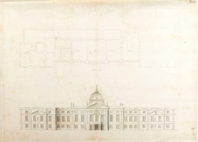 Pałac Hampton Court, Elewacja w planie częściowym i szkicu elewacji wejściowej, prawdopodobnie dla II schematu, numer 5 i 6 autorstwa Christopher Wren
