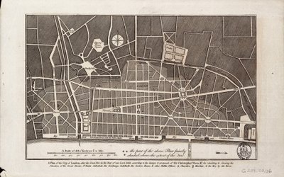 Plan miasta Londyn po wielkim pożarze w 1666 r. (druk) autorstwa Christopher Wren