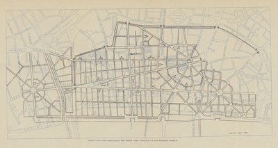 Plan sir Christophera Wrena dotyczący odbudowy spalonego obszaru nałożony na istniejące ulice (litografia) autorstwa Christopher Wren