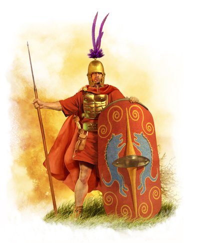 Rzymski legionista "Hastatus", koniec III w. p.n.e., 2015 (rysunek ołówkiem, olej cyfrowy, 3d cgi) autorstwa Christos Giannopolous