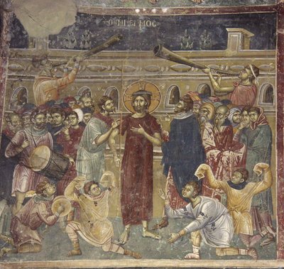 Scena muzyków Naśmiewanie się z Jezusa, ok. 1317 autorstwa Chrostiras Michael