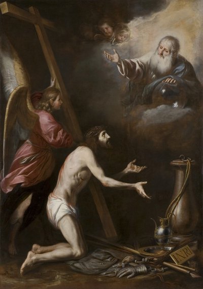 hiszpański: Cristo flagelado arrodillado ante Dios Padre (Ubiczowany Chrystus klęczący przed Bogiem Ojcem) autorstwa Circle of Antonio del Castillo y Saavedra