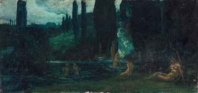 Kobiety kąpiące się wieczorem w południowym krajobrazie autorstwa Circle of Arnold Böcklin