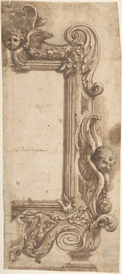 Projekt na pół ramie ozdobiony aniołami, wolutami i girlandami., 1634-89. autorstwa Ciro Ferri.