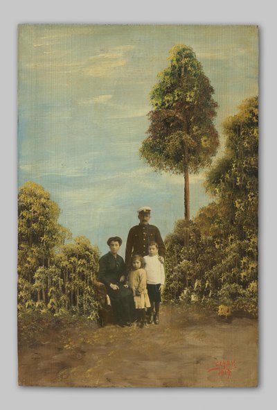 Portret nieznanego mężczyzny w mundurze marynarki wojennej, kobiety i dwójki dzieci w zaroślach autorstwa Clady