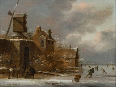 Zimowy krajobraz z łyżwiarzami na zamarzniętej rzece poza wioską autorstwa Claes (1630 76) Molenaer