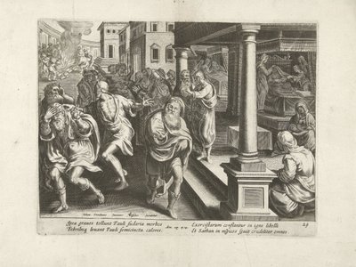 Paweł wypędza demony w Efezie Dzieje Apostolskie (tytuł serii) Acta Apostolorum (tytuł serii) autorstwa Claes Jansz. Visscher (II) (workshop of)