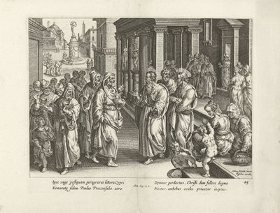 Paweł kłóci się z czarownikiem Elimasem Dzieje Apostolskie (tytuł serii) Acta Apostolorum (tytuł serii) autorstwa Claes Jansz. Visscher (II) (workshop of)