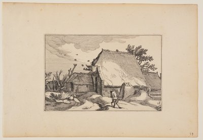 Farma, mężczyzna z dwoma wiadrami na ścieżce z przodu, z Landscapes (Verscheyden aerdige Lanthuysen...) autorstwa Claes Jansz. Visscher