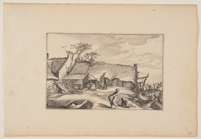 Gospodarstwo, mężczyzna niosący kosz na pierwszym planie, z Pejzaże (Verscheyden aerdige Lanthuysen...) autorstwa Claes Jansz. Visscher