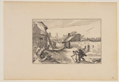 Wieś, drabina stojąca na tle domu po lewej stronie, z Pejzaże (Verscheyden aerdige Lanthuysen...) autorstwa Claes Jansz. Visscher