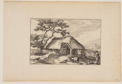 Stodoła, stado odpoczywające na patyku na prawym pierwszym planie, z Pejzaże (Verscheyden aerdige Lanthuysen...) autorstwa Claes Jansz. Visscher