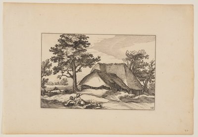 Stodoły, odpoczywające stado i pies na pierwszym planie, z Landscapes (Verscheyden aerdige Lanthuysen...) autorstwa Claes Jansz. Visscher