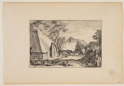Stodoły, kobieta i pies na pierwszym planie, z Pejzaże (Verscheyden aerdige Lanthuysen...) autorstwa Claes Jansz. Visscher