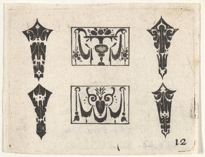 Blackwork Print z dwoma poziomymi panelami i czterema ramkami, ca. 1620. autorstwa Claes Jansz Visscher
