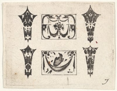 Blackwork Print z dwoma poziomymi panelami i czterema ramkami, ca. 1620. autorstwa Claes Jansz Visscher