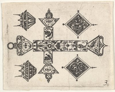 Blackwork Print z krzyżem łacińskim i czterema motywami, ca. 1620. autorstwa Claes Jansz Visscher