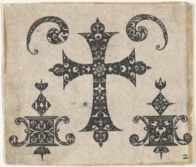 Blackwork Print z krzyżem łacińskim i małymi motywami, ca. 1620. autorstwa Claes Jansz Visscher