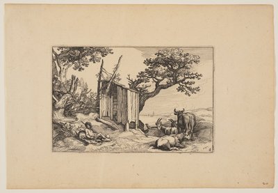 Zniszczona stodoła ze stadem i bydłem, z Landscapes (Verscheyden aerdige Lanthuysen...) autorstwa Claes Jansz. Visscher
