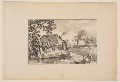 Stary mężczyzna i kobieta odpoczywający nad stawem, z Pejzaże (Verscheyden aerdige Lanthuysen...) autorstwa Claes Jansz. Visscher