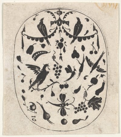 Owalny czarny nadruk z ptakami, owadami i owocami, ca. 1620. autorstwa Claes Jansz Visscher