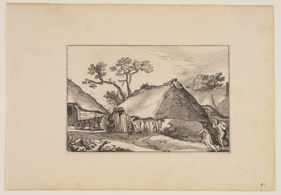 Dwie stodoły, wózek po lewej, z pejzażu (Verscheyden aerdige Lanthuysen...) autorstwa Claes Jansz. Visscher