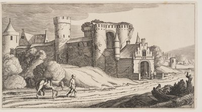 Chłop z koniem na drodze w pobliżu murów miejskich, z Pejzaże (Playsante Lantschappen) autorstwa Claes Jansz. Visscher II