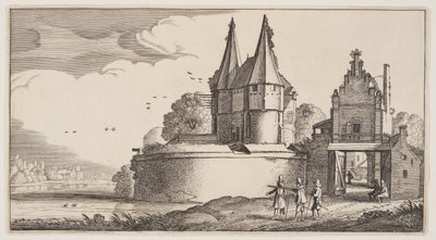 Bastion i brama miejska nad rzeką, z Landscapes (Playsante Lantschappen) autorstwa Claes Jansz. Visscher II