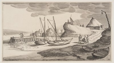 Łodzie na brzegu w pobliżu wieży strażniczej, z Pejzaże (Playsante Lantschappen) autorstwa Claes Jansz. Visscher II