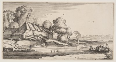 Strzelanie do kaczek z łodzi wiosłowej w pobliżu farmy, z Landscapes (Playsante Lantschappen) autorstwa Claes Jansz. Visscher II