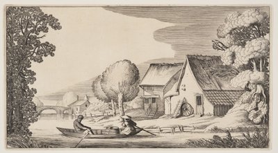 Rolnik i rolniczka w łodzi wiosłowej, z Pejzaże (Playsante Lantschappen) autorstwa Claes Jansz. Visscher II