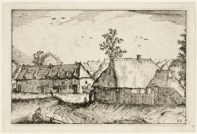 Duże szopy, płyta 21 po Obrazach farm, domów wiejskich i rustykalnych wiosek (Praediorum villarum et rusticarum casularum icones) autorstwa Claes Jansz. Visscher II