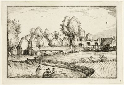 Droga wzdłuż pola, płyta szesnasta po Obrazach gospodarstw, domów wiejskich i rustykalnych wiosek (Praediorum villarum et rusticarum casularum icones) autorstwa Claes Jansz. Visscher II
