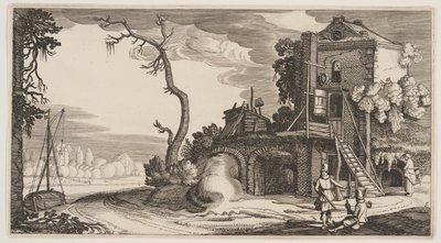 Kwadratowa wieża używana jako gospoda w pobliżu rzeki, z Landscapes (Playsante Lantschappen) autorstwa Claes Jansz. Visscher II