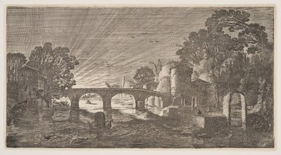 Zachód słońca nad rzeką, z Landscapes (Playsante Lantschappen) autorstwa Claes Jansz. Visscher II