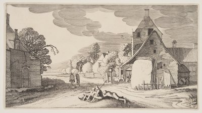 Trzech chłopów odpoczywających na skrzyżowaniu w wiosce, z Landscapes (Playsante Lantschappen) autorstwa Claes Jansz. Visscher II