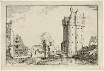 Brama miejska, płyta druga po Obrazach gospodarstw, domów wiejskich i wsi rustykalnych (Praediorum villarum et rusticarum casularum icones) autorstwa Claes Jansz. Visscher II