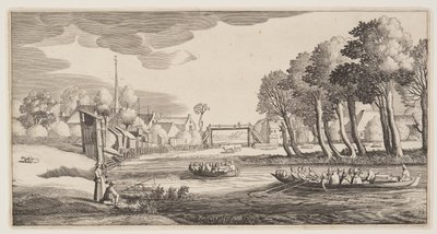Podróżni w łodziach wiosłowych zbliżający się do wioski, z Landscapes (Playsante Lantschappen) autorstwa Claes Jansz. Visscher II