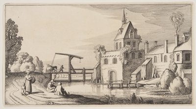 Wioska nad rzeką, z Pejzaże (Playsante Lantschappen) autorstwa Claes Jansz. Visscher II
