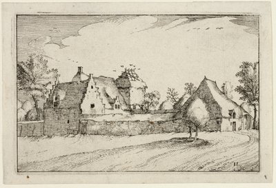 Farma otoczona murem, płyta jedenasta po Obrazach farm, domów wiejskich i rustykalnych wiosek (Praediorum villarum et rusticarum casularum icones) autorstwa Claes Jansz. Visscher II