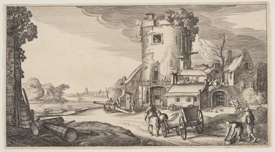 Wieża strażnicza w pobliżu rzeki, z Landscapes (Playsante Lantschappen) autorstwa Claes Jansz. Visscher II